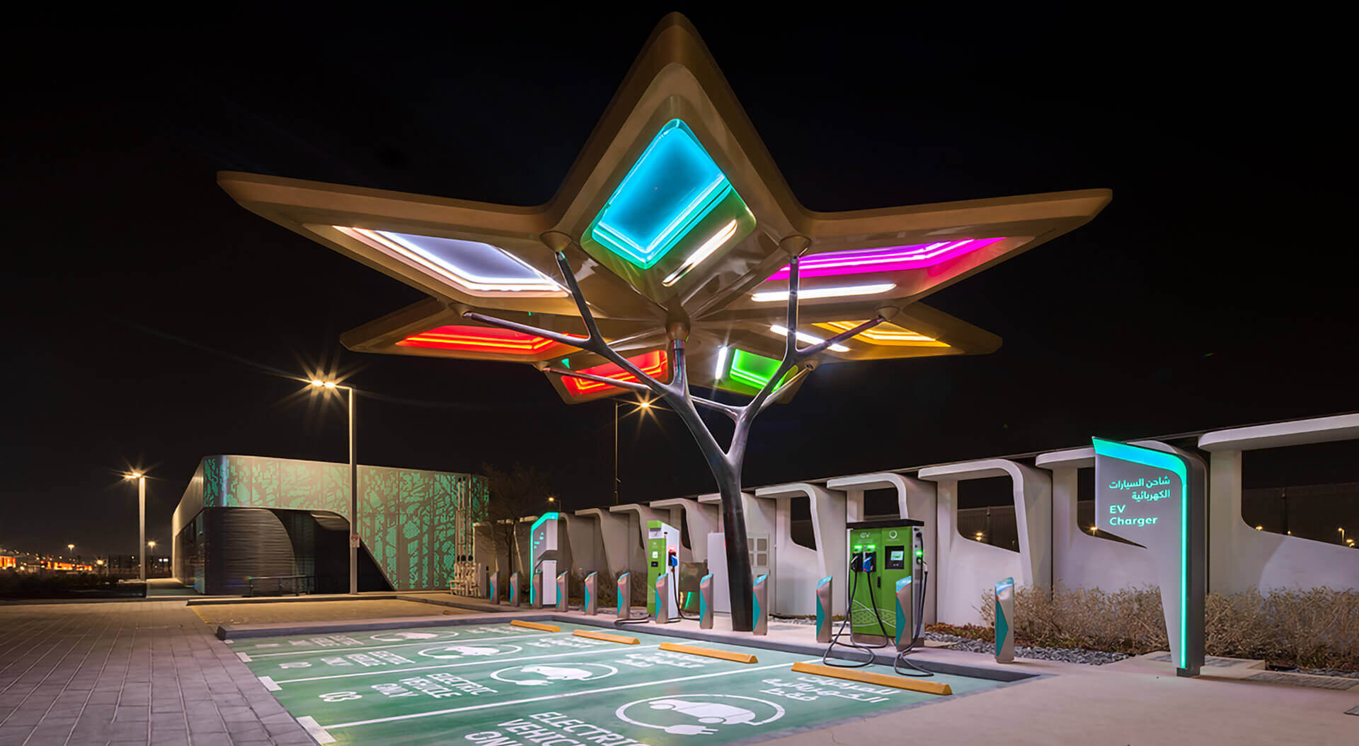 ENOC EV Charging Hub, Creative Brand Icon, Innovative Canopy Architecture, Dubai, Interior Design, LED Graphic Benchmark 2020 - CampbellRigg Agency