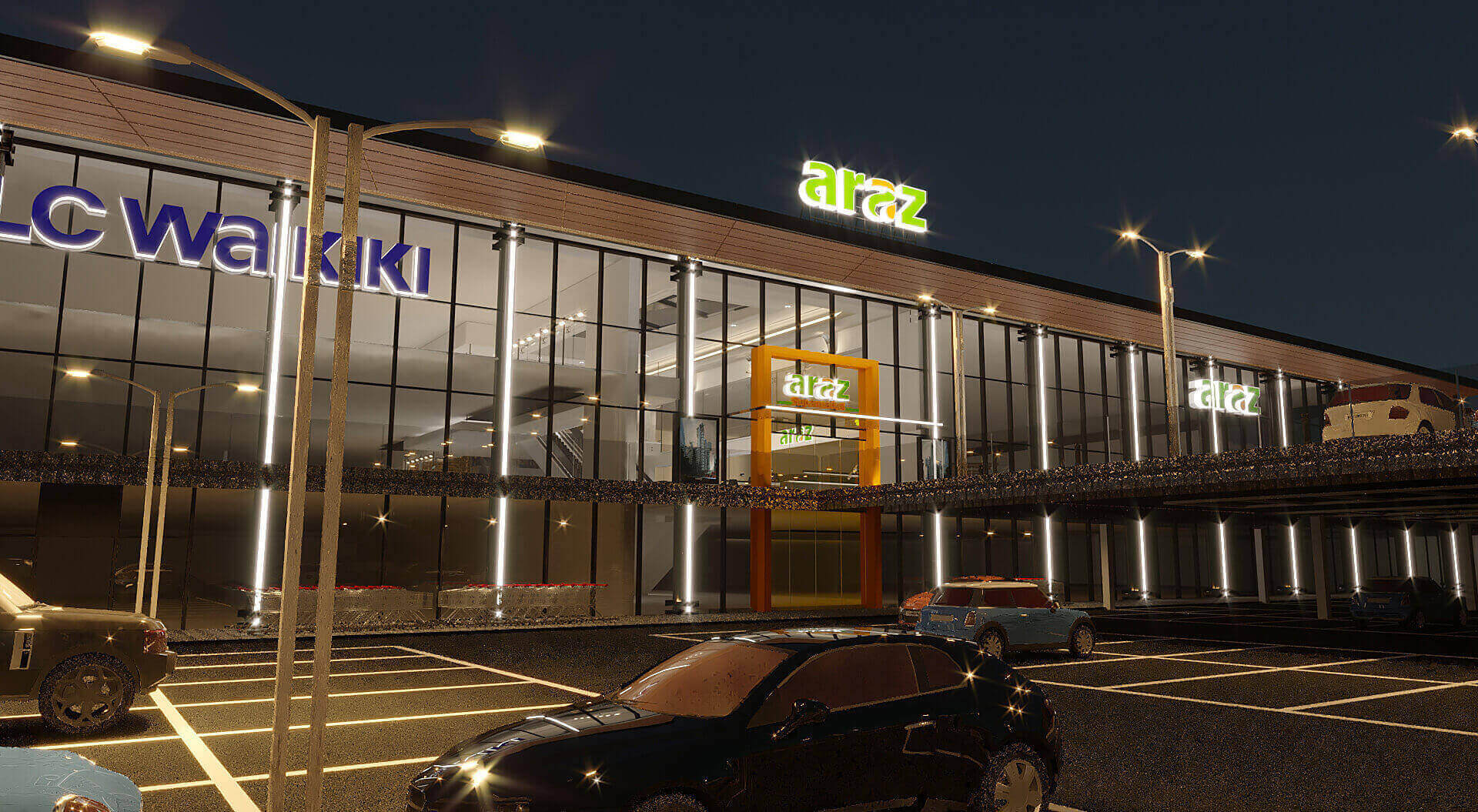 Araz Shopping Centre Azerbaijan, Designing a Local Mall, Night View External Elevation and Parking - CampbellRigg Agency