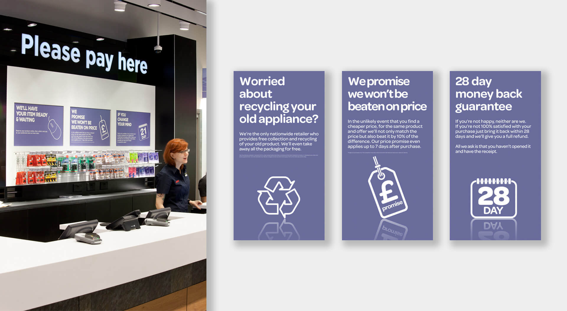 Currys PC World Stores rebrand, interior design and POSM communications at pay point counter 