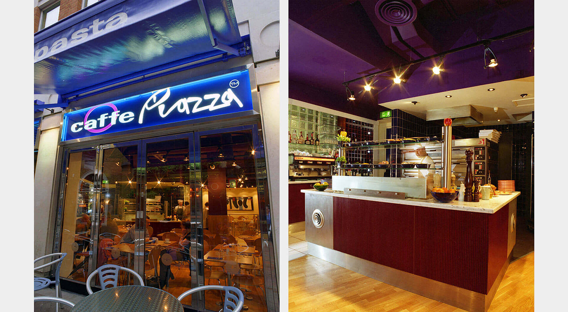 Caffe Piazza restaurant branding external seating and Chef's pizza preparation table and oven interior design 