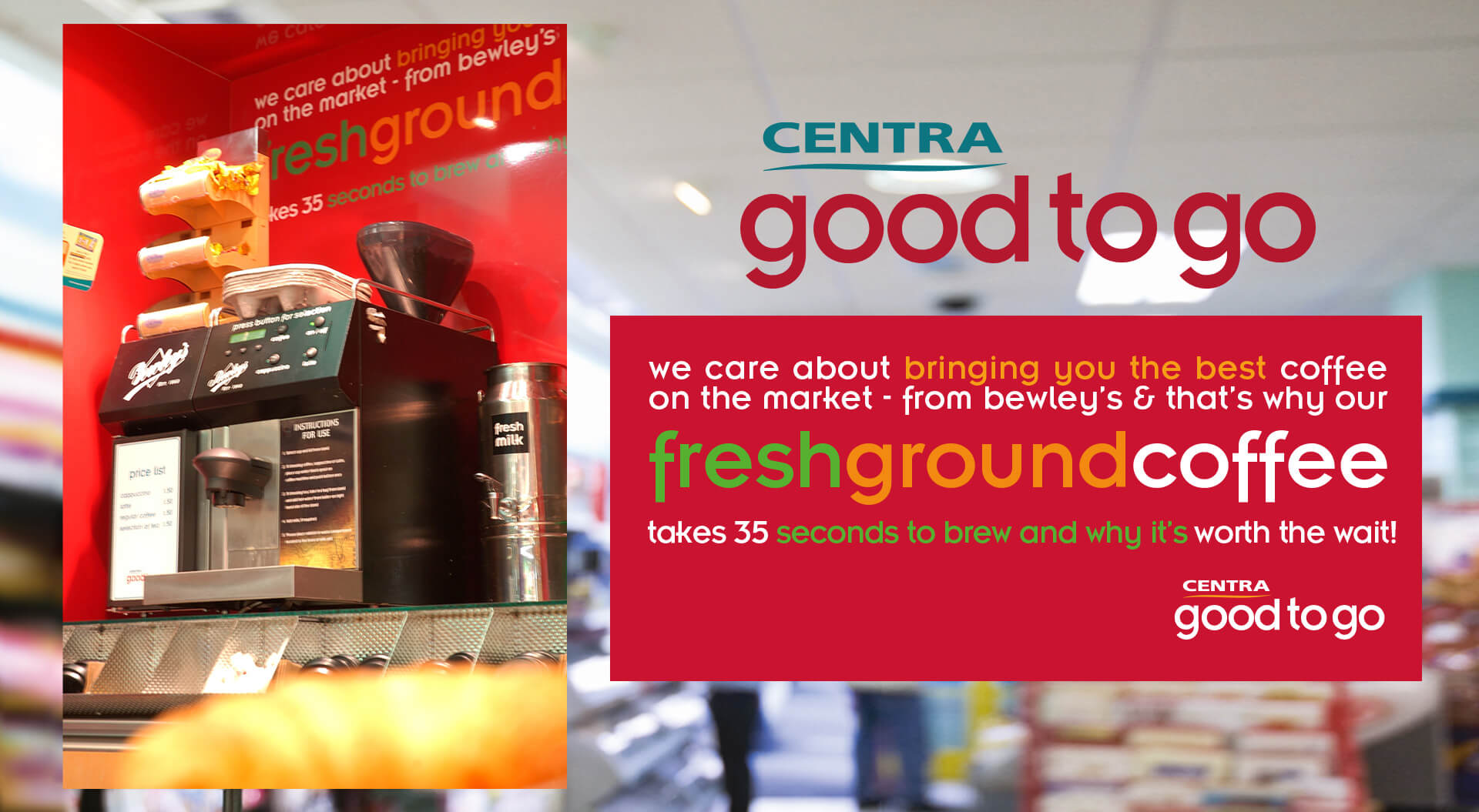 Centra convenience stores good to go typographic styling for fresh ground coffee dispenser