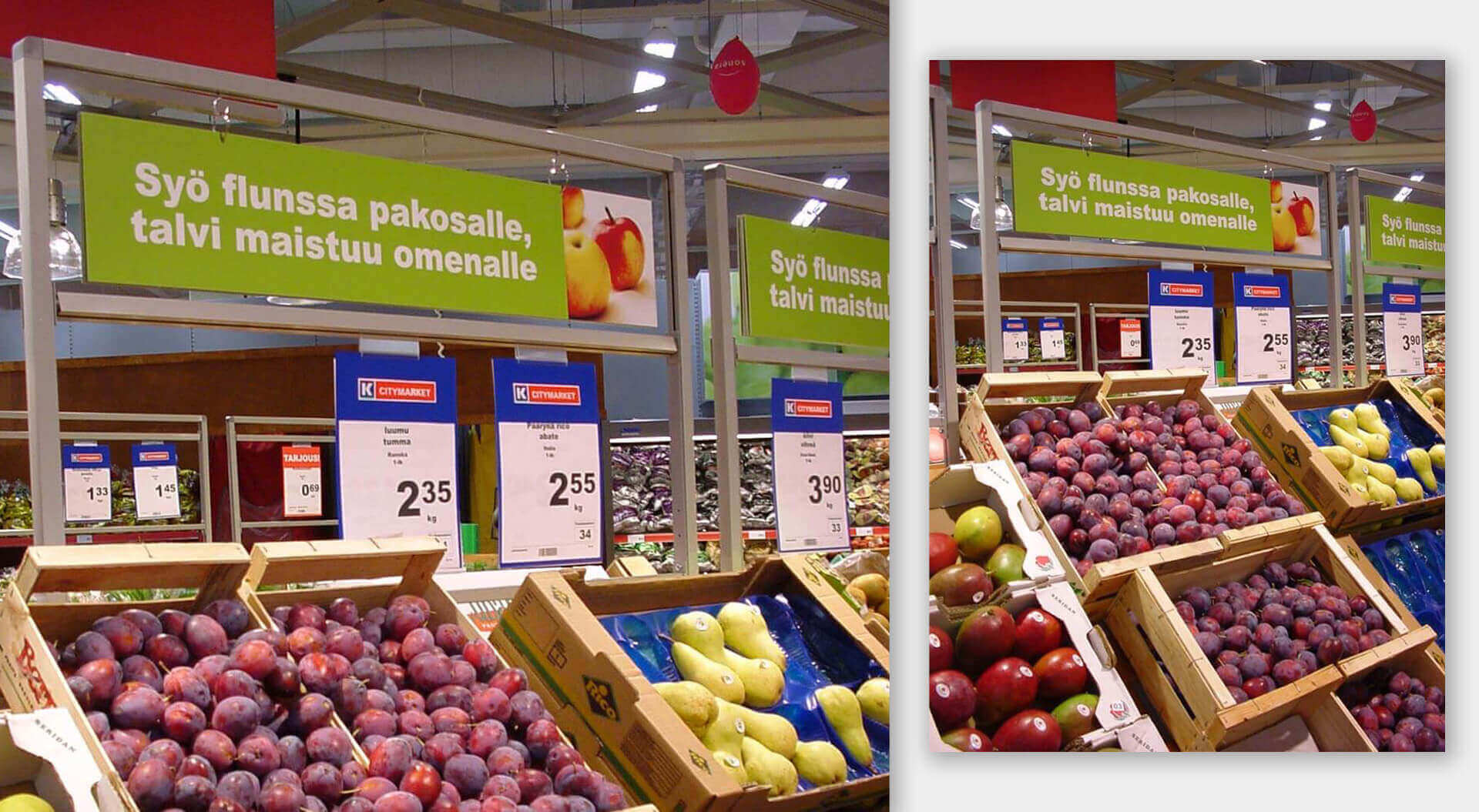 K CityMarket hypermarket Finland, fresh friut and vegetables merchandising and branding
