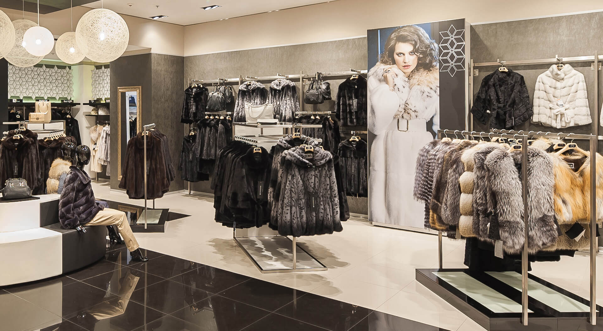 Snow Queen, Снежная королева,  Russia fashion store interior design, merchandising and rebrand graphics for furs department